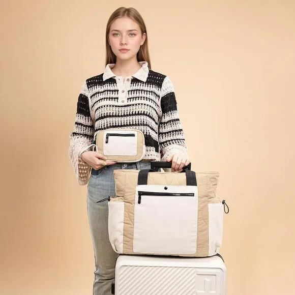 Cream Khaki Lightweight Puffer Tote Bag for Women with Laptop Compartment - Picture 7 of 7